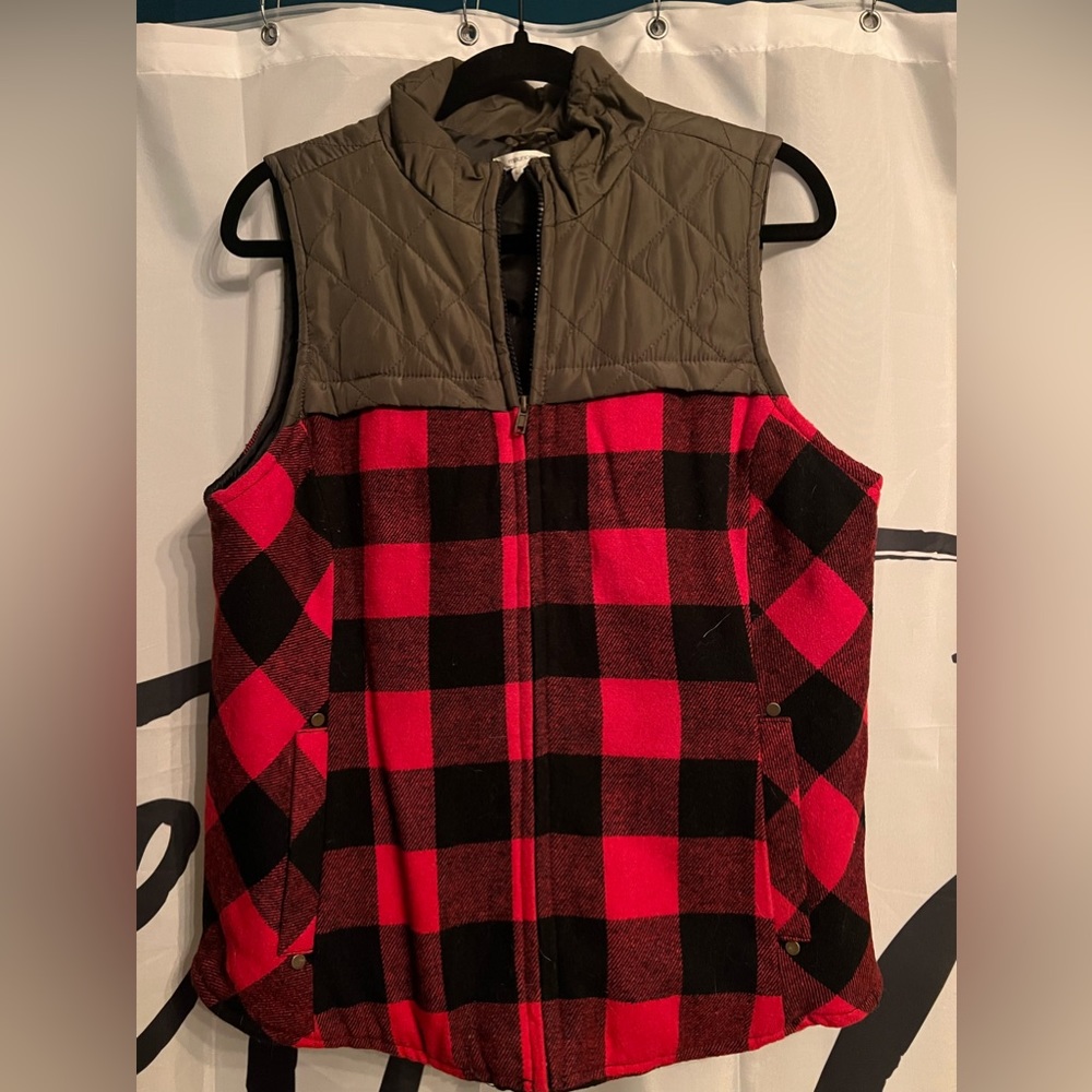 Army green and Buffalo plaid quilted vest